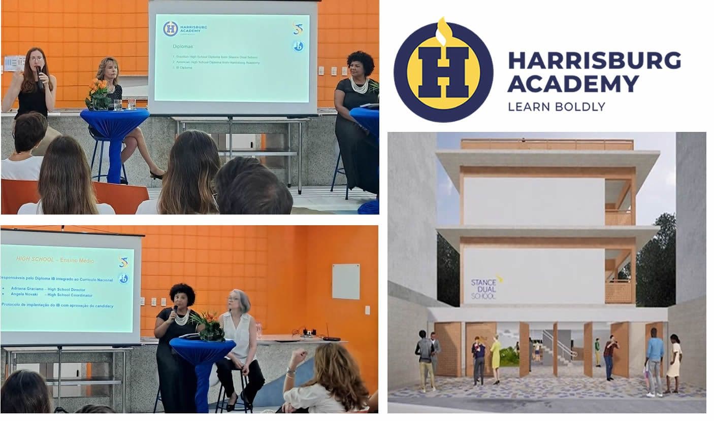 Montagem: educadoras apresentam o Ensino Médio às famílias, logo da Harrisburg Academy e projeção do novo prédio