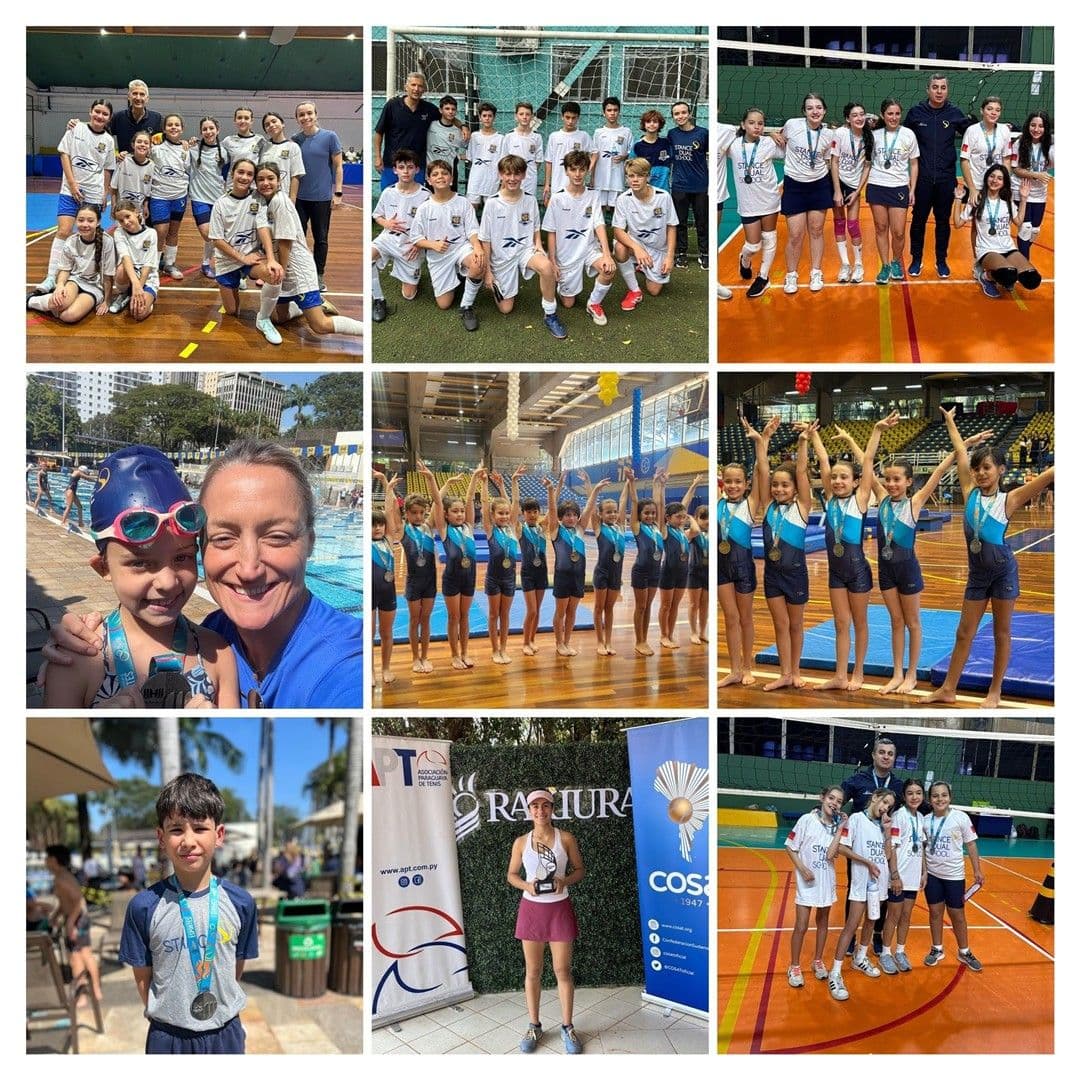 Mosaico de alunos em competições: equipes de vôlei, futebol e ginástica com medalhas, natação e Lorena com troféu de tênis