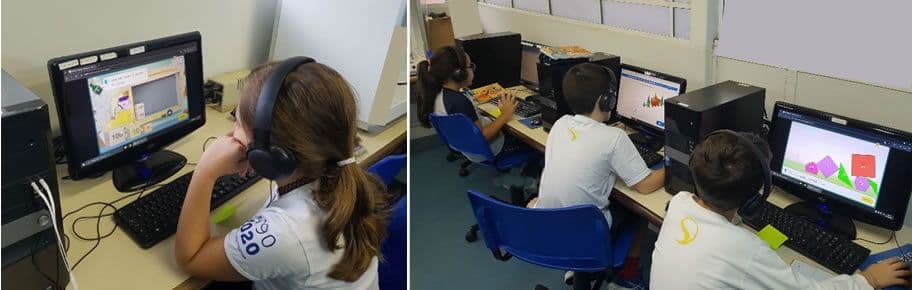 Alunos com fones de ouvido fazem atividades de matemática da plataforma Matific nos computadores