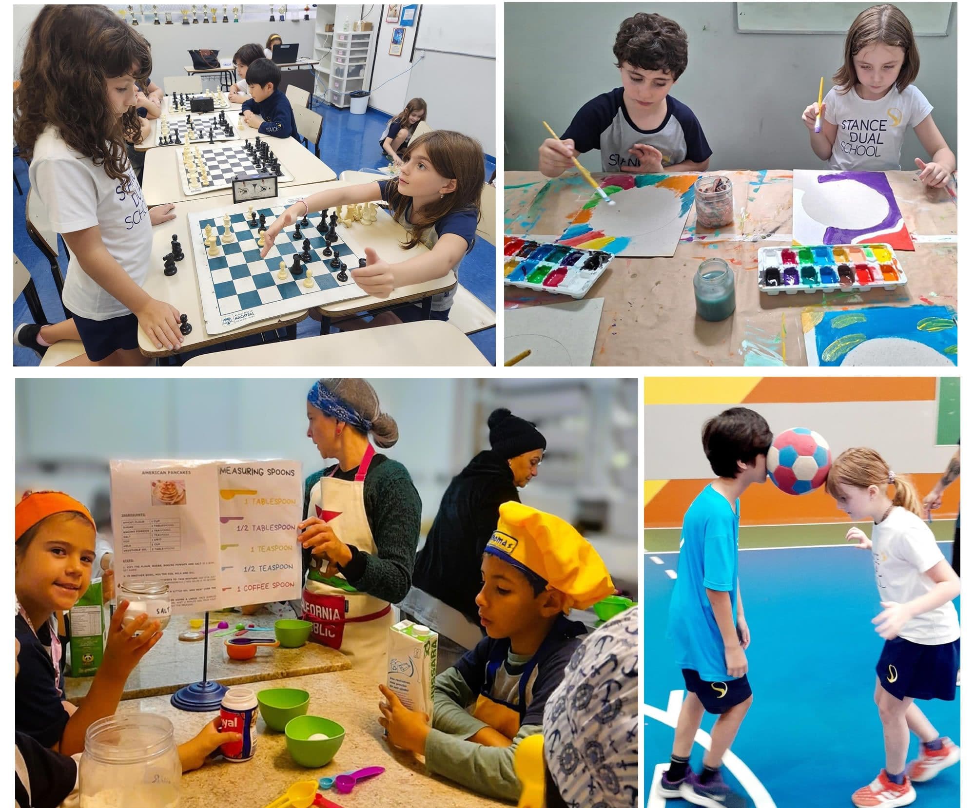 Oficinas do Dual Day: crianças jogando xadrez, pintando, cozinhando panquecas e brincando com bola na quadra