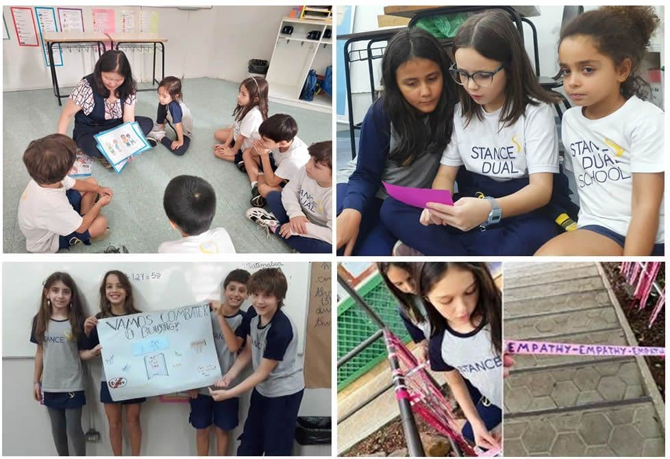 Atividades contra o bullying: roda de conversa, leitura em grupo, cartaz Vamos combater o bullying e fita com a palavra Empathy