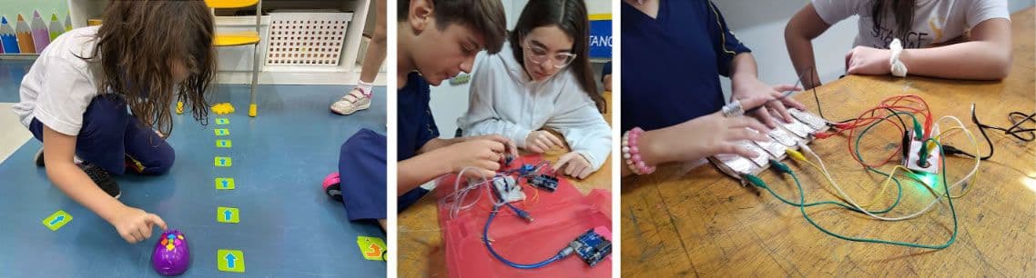 Três fotos: criança programando um robô com setas no chão e alunos montando circuitos eletrônicos com fios