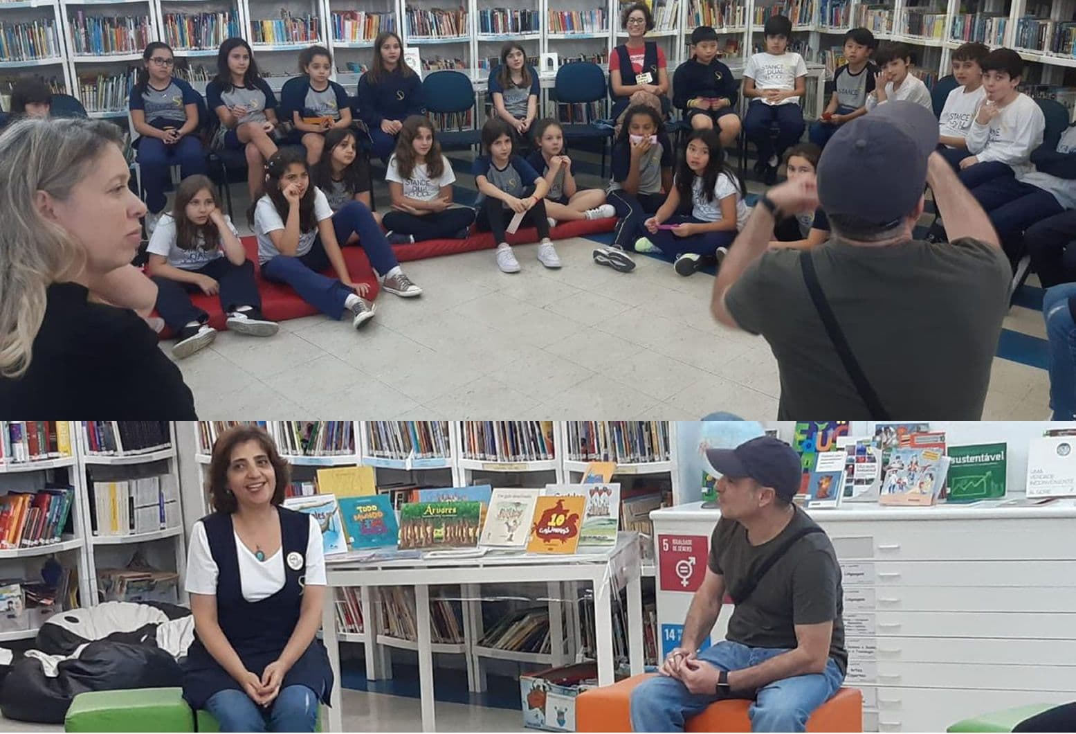 Na biblioteca, alunos sentados em roda conversam com um escritor convidado, ao lado de uma educadora