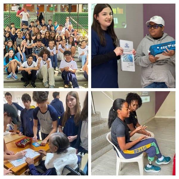 Crianças pequenas brincam e exploram folhas, troncos e plantas nas áreas verdes da escola