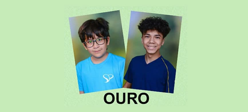 Retratos de dois alunos medalhistas de ouro na OLITEF, com a palavra OURO abaixo