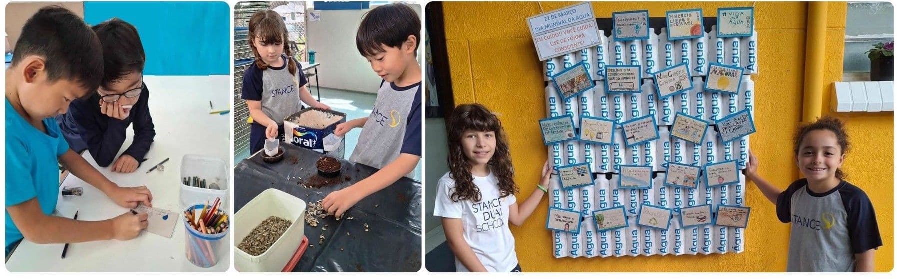 Alunos fazem marcadores de porta, plantam sementes de girassol e posam junto a mural do Dia Mundial da Água