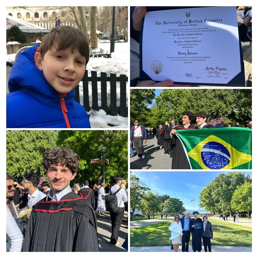Montagem: Henry criança, seu diploma da University of British Columbia, formatura com bandeira do Brasil e com a família